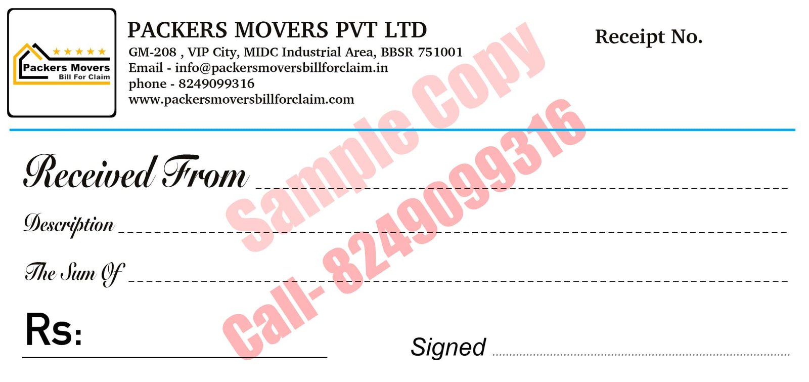 Cash Memo or Cash Receipt of Packers and Movers Bill for Claim