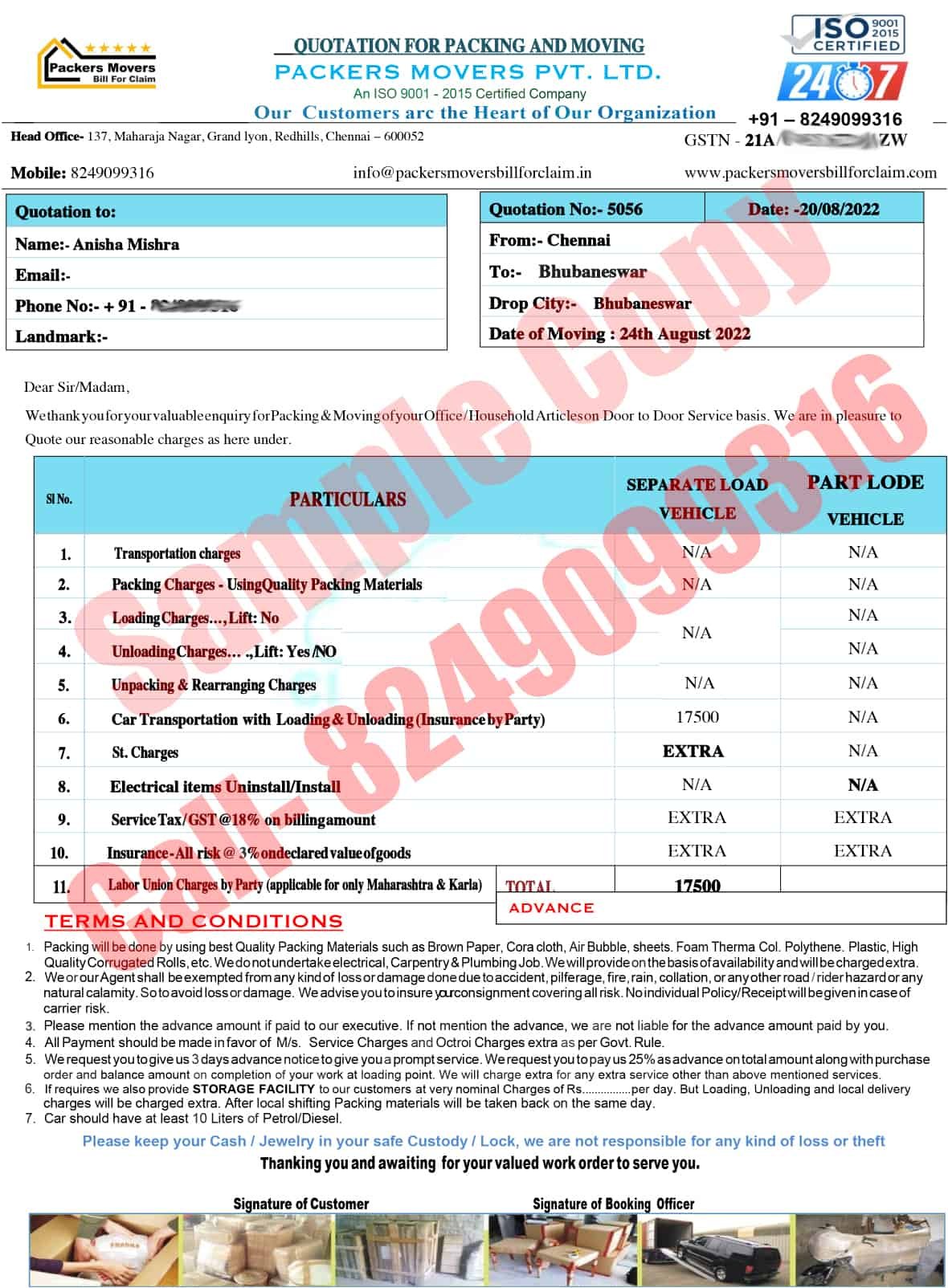 Consignee copy of Packers and Movers Bill for Claim